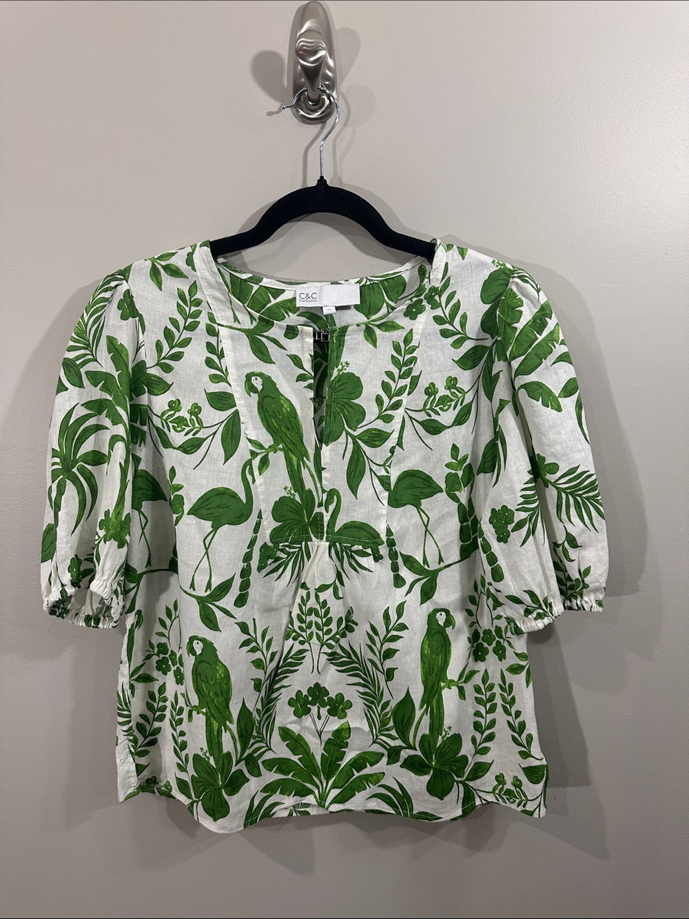 White Linen-Blend Puff-Sleeve Blouse with Green Parrot & Leaf Print, Size M